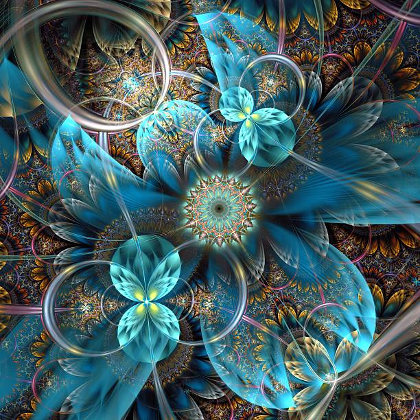 istock Symmetrical dark orange blue  fractal flower 496666055