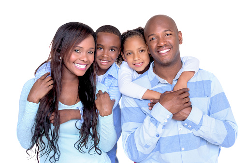 Loving African American family looking at the camera smiling - isolated over a white background
