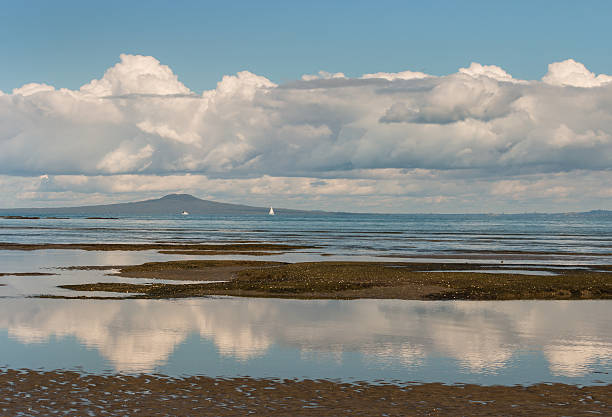 cumulus clouds reflecting in tide pool cumulus clouds reflecting in tide pool on sandy beach in New Zealand rangitoto island stock pictures, royalty-free photos & images