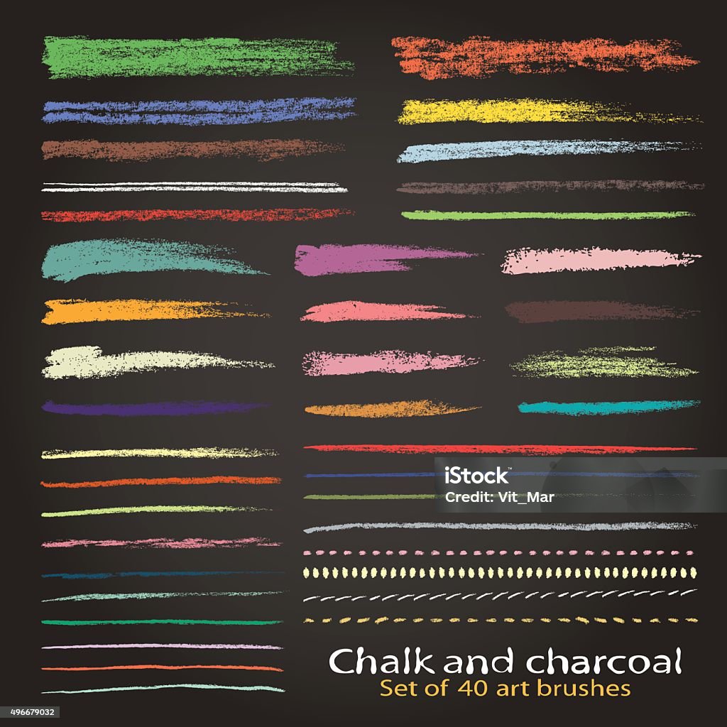 The palette of color brushes chalk and charcoal. A set of isolated vector of hands. Designed for registration of various design projects: posters, banners, stickers, templates, stickers. Saved in the brushes palette. Chalk Drawing stock vector