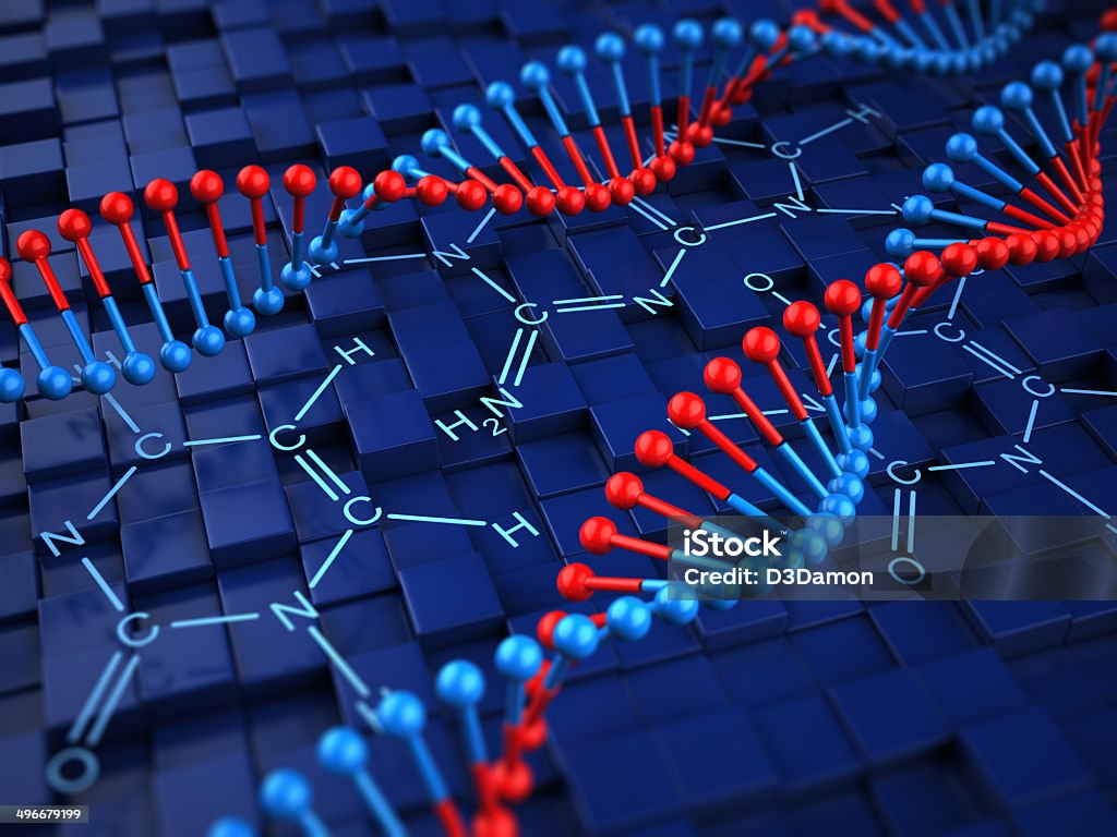 DNA DNA and formula on blue cubes background Abstract Stock Photo