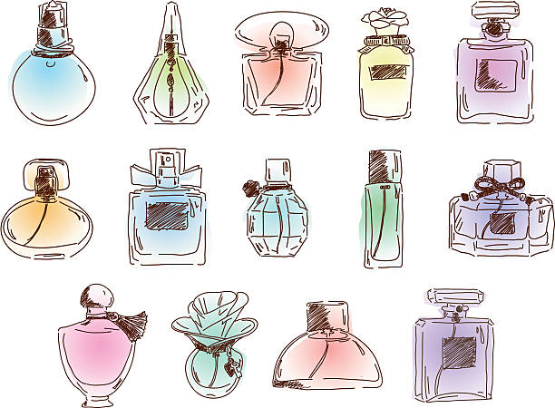 набор милый различные духи. вектор плос�кая иллюстрация. - perfume stock illustrations