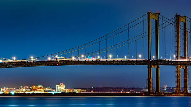 Wilmington skyline framed by Delaware Memorial Bridge, viewed from New Jersey, across the Delaware River. Wilmington is the largest city in the state of Delaware.