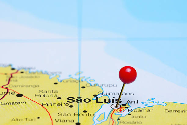 Sao Luis pinned on a map of Brazil Photo of pinned Sao Luis on a map of Brazil. May be used as illustration for traveling theme. sao luis stock pictures, royalty-free photos & images