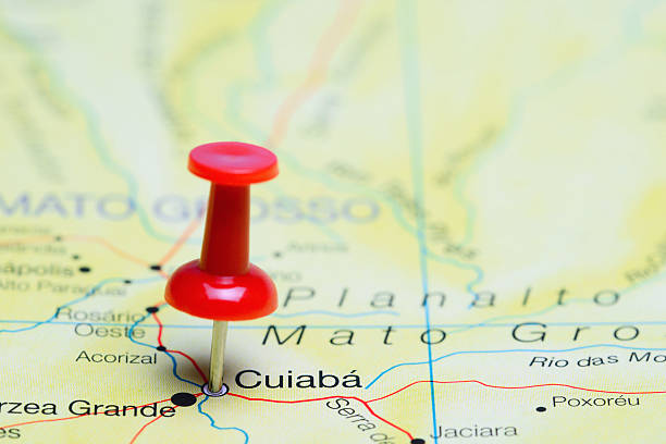 Cuiaba pinned on a map of Brazil Photo of pinned Cuiaba on a map of Brazil. May be used as illustration for traveling theme. cuiabá stock pictures, royalty-free photos & images