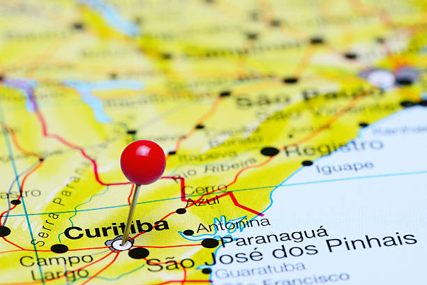 istock Curitiba pinned on a map of Brazil 496680500
