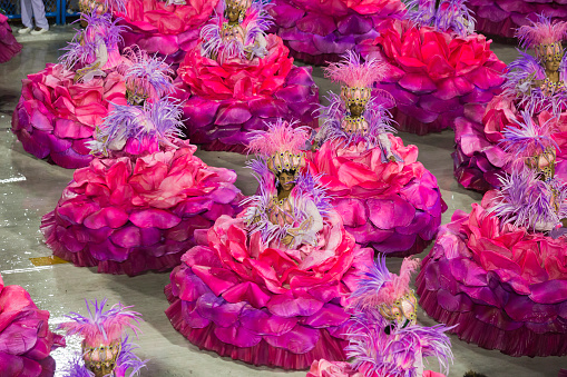 Rio de Janeiro, Brazil - February 15, 2015: Samba school Mangueira in his presentation show at Sambodrome, Rio de Janeiro carnival. This is one of the most waited big event in town and attracts thousands of tourists from all over the world. The parade is happenning in two consecutive days and the samba schools are always trying their best to impress the judges.