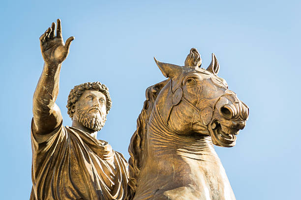 Monument for Marcus Aurelius Statue of Marcus Aurelius on the Capitoline Hill in Rome roman empire stock pictures, royalty-free photos & images