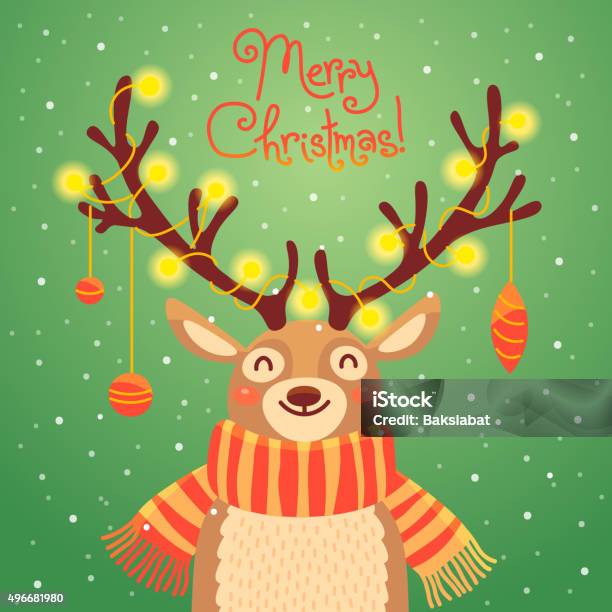 Christmas Card Cute Cartoon Deer With Garlands On The Horns Stock Illustration - Download Image Now