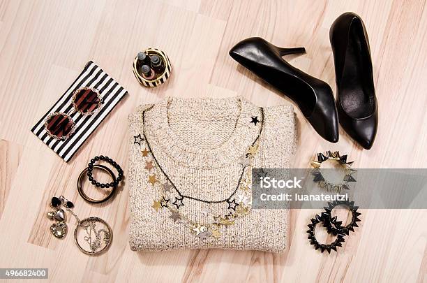 Winter Sweater And Accessories Arranged On The Floor Stock Photo - Download Image Now