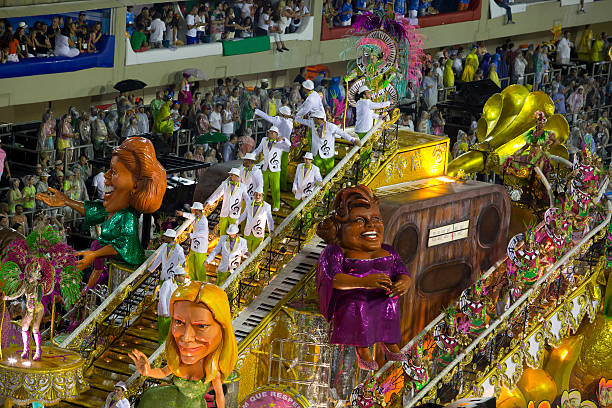 Rio de Janeiro, Brazil - February 16, 2015: Samba school Mangueira in his presentation show at Sambodrome, Rio de Janeiro carnival. This is one of the most waited big event in town and attracts thousands of tourists from all over the world. The parade is happenning in two consecutive days and the samba schools are always trying their best to impress the judges.