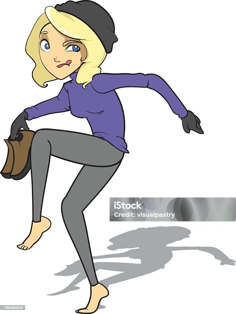 Sneaky Woman Thief Tip-Toeing Sneaky. Tip toe. A female thief. Sly fox. How to sneak out from your house. Quietly. Sneaking out. Stealing. Steal something. Attention stealer. How to sneak out from school. Tiptoeing. Stealthy. Stealth. Hide and seek.  2015 stock vector