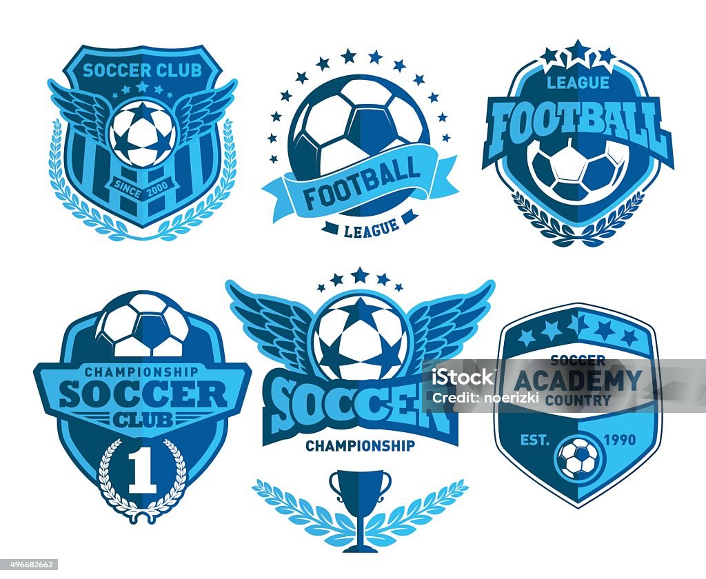 Various Soccer Ball and Football Emblems Various soccer ball and football emblems on white background interface icon set. Stylish football club emblems. Creative graphic logo design elements. Luxury  soccer ball and football emblems blue and white colors. Vector illustration  2015 stock vector