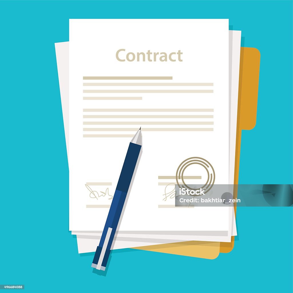 signed paper deal contract icon agreement  pen on desk  flat signed paper deal contract icon agreement  pen on desk  flat business illustration vector drawing Contract stock vector