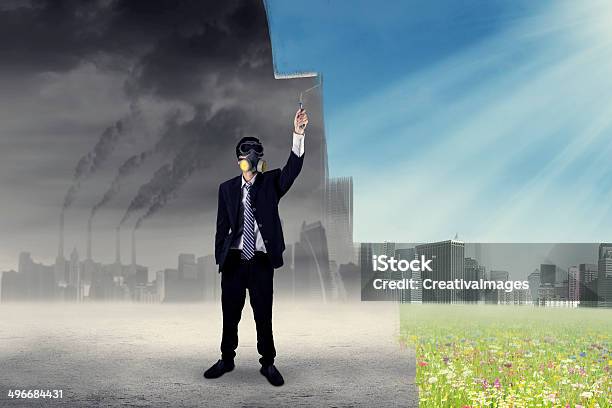 Businessman Drawing A Green City Stock Photo - Download Image Now - Adult, Built Structure, Business