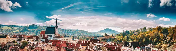 Panoramic cityscape Cesky Krumlov, Czech republic. Sunny autumn day. UNESCO World Heritage Site