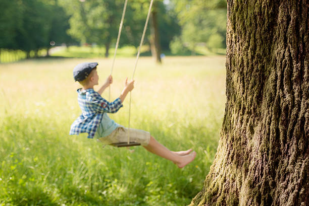 istock Young boy swinging in a park in the summer 496690358