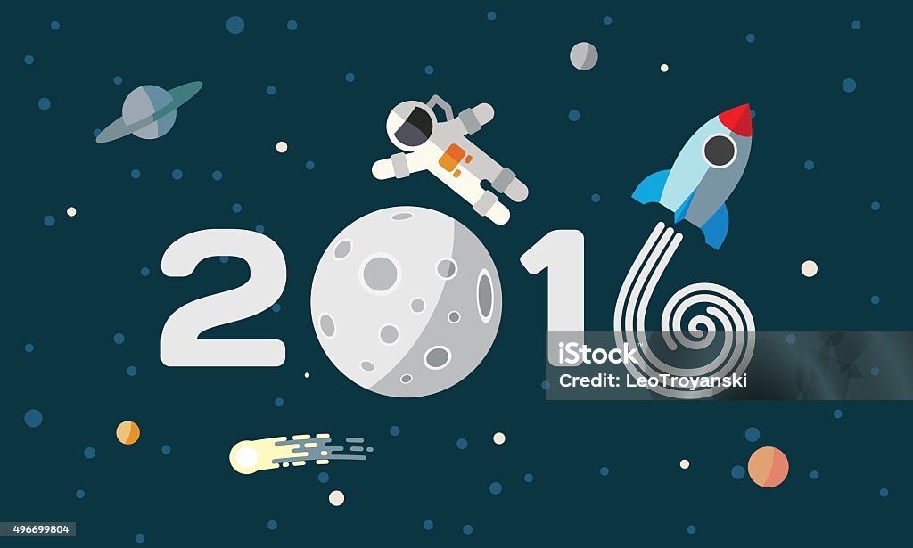 Happy New Year. Flat space theme illustration for calendar. The astronaut and rocket on the moon background. Plan - Document stock vector