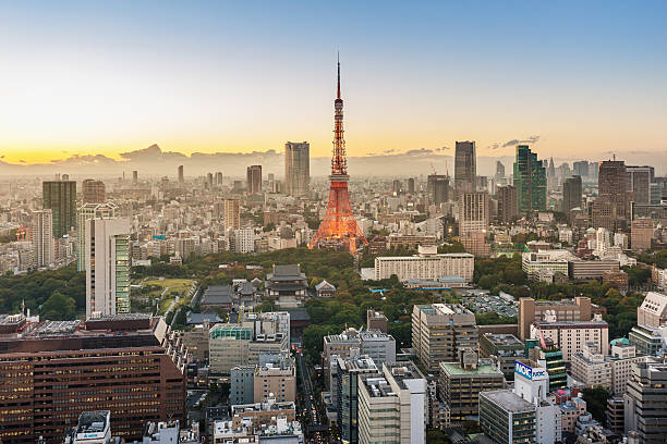 tokyo tower de un paisaje de la ciudad desde lo alto - hamamatsucho fotografías e imágenes de stock