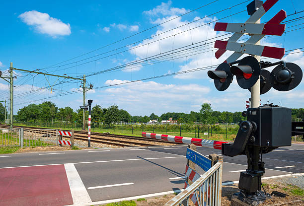 istock Closed barriers of a rail crossing 496703063