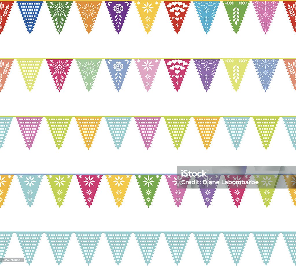 Papel Picado banners repeating patterns Papel Picado banners repeating patterns. Rows of colorful papel picado banner flags. each row has a different cutout pattern on the bunting flags.  Papel Picado stock vector