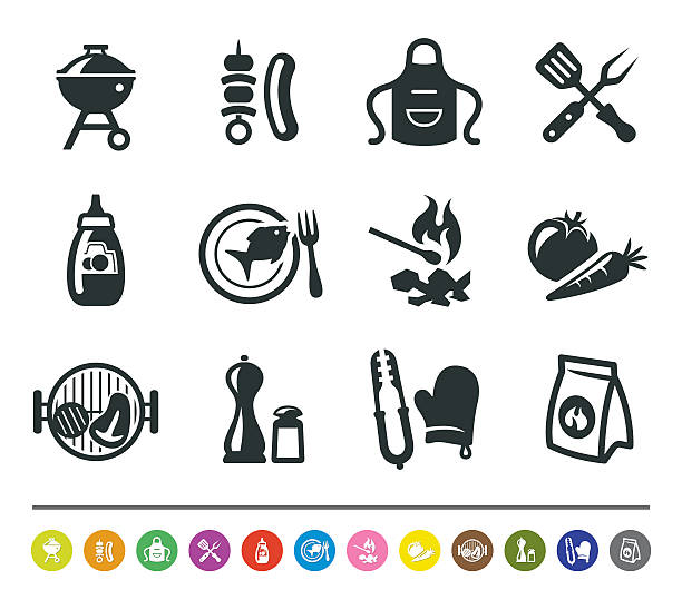 ilustraciones, imágenes clip art, dibujos animados e iconos de stock de iconos de barbacoa/siprocon colección - salt sausage fire flame