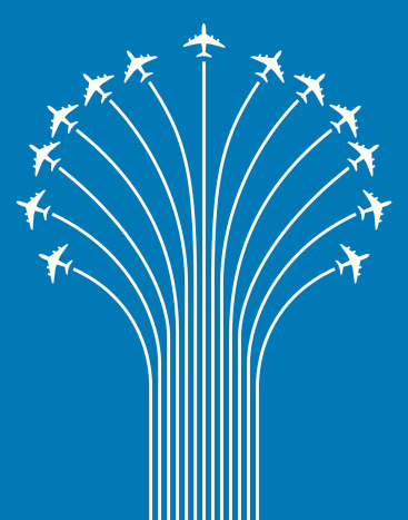 Vector illustration of jet planes flying up and spreading into to a burst at the top.
