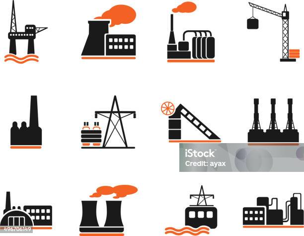 Factory And Industry Symbols Stock Illustration - Download Image Now - Black And White, Chemical Plant, Chimney