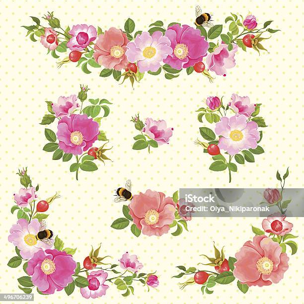 Set Of Floral Decoration Elements Stock Illustration - Download Image Now - Wild Rose, Bouquet, Branch - Plant Part