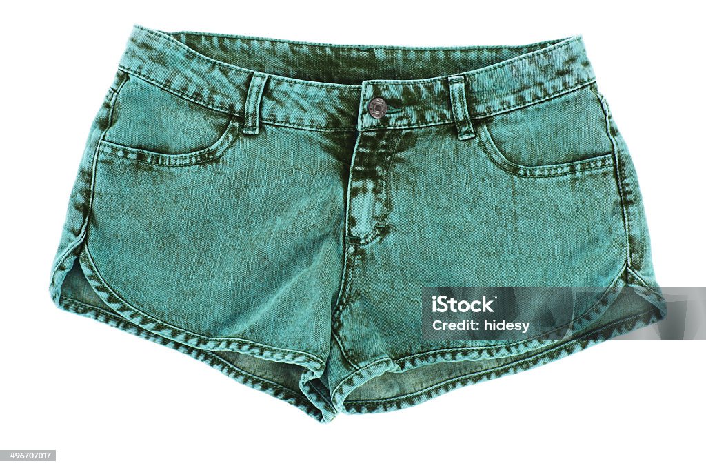 Short Green Denim Shorts Green Denim Shorts on White Background Arts Culture and Entertainment Stock Photo