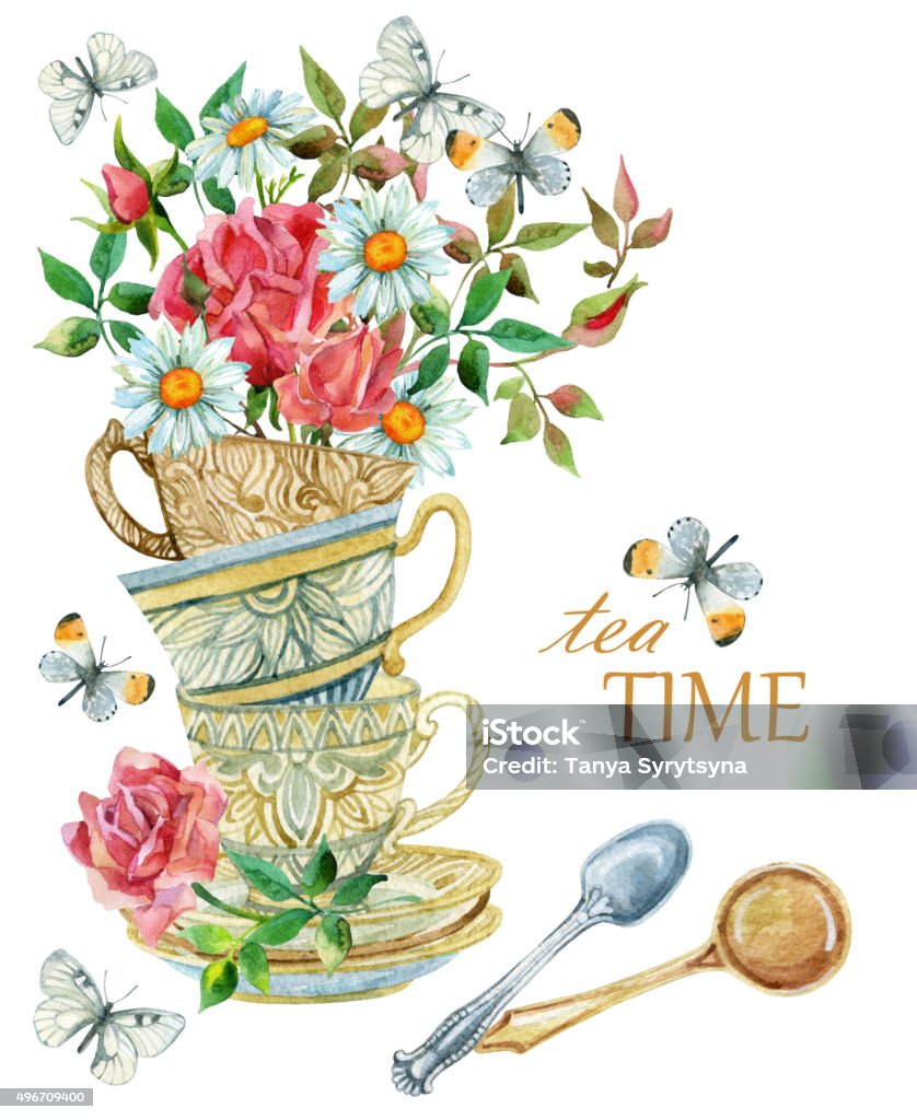 Watercolor tea cups background with spoon, flowers and butterfly. Watercolor tea cups background with spoon, flowers and butterfly. Tea crockery in victorian style. Hand painted  illustration for your design Afternoon Tea stock illustration