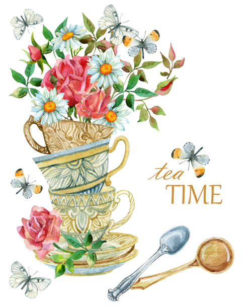 Watercolor tea cups background with spoon, flowers and butterfly. Watercolor tea cups background with spoon, flowers and butterfly. Tea crockery in victorian style. Hand painted  illustration for your design tea set stock illustrations