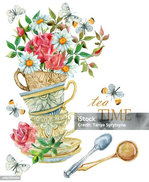 Watercolor Tea Cups Background With Spoon Flowers And Butterfly Stock Illustration - Download Image Now