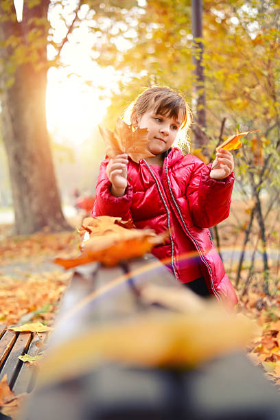 istock Little Girl Holding Yellow Maple Leaves 496709678