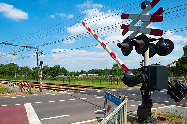 istock Closing barriers of a rail crossing 496718311