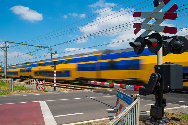 istock Train riding over a rail crossing in spring 496719195