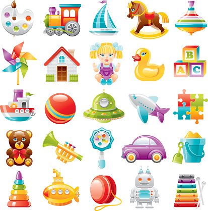 Baby toys icon set: palette with paints and brush, train, yaht, rocking horse, whirligig, air mill, toy house, dall, rubber duckling, baby blocks, boat, ball, UFO, plane, puzzle, teddy bear, trumpet, rattle toy, car, shovel & bucket, pyramid, submarine, yo-yo toy, robot, xylophone