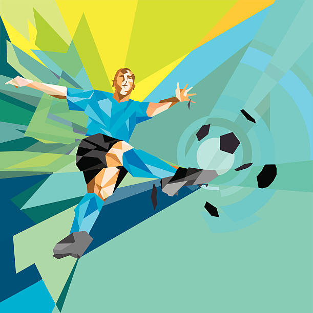 niedrige polygon fußball spieler treten den ball in der luft - soccer player soccer sport people stock-grafiken, -clipart, -cartoons und -symbole