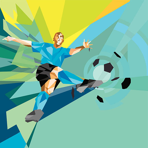 ilustrações, clipart, desenhos animados e ícones de baixa o polygon jogador de futebol chutando a bola no ar - soccer soccer player sport playing