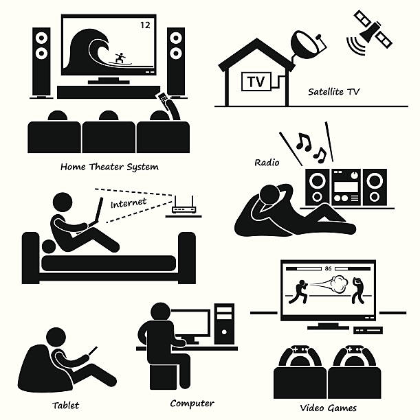 Home House Entertainment Electronic Appliances Cliparts A set of human pictogram using different type of home objects. They are man using tv, hifi, satellite dish, Internet, radio, tablet, computer, and video games. home cinema system stock illustrations