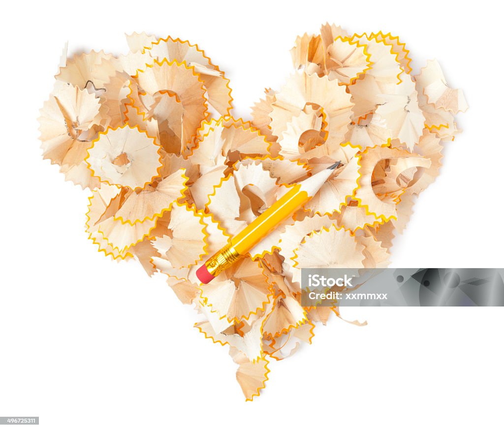 Shavings heart Shavings heart with pencil on white. This file is cleaned, retouched and contains  Clipping Path Stock Photo