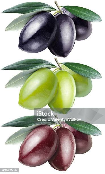 Green Black And Kalamata Olives With Leaves Stock Photo - Download Image Now - 2015, Berry, Berry Fruit