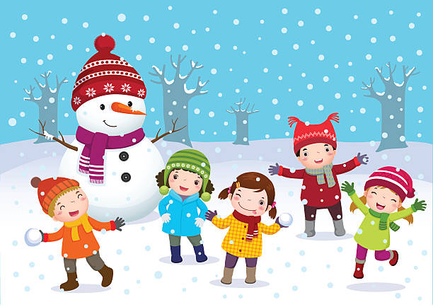 ilustraciones, imágenes clip art, dibujos animados e iconos de stock de niños jugando al aire libre en invierno - snowman snow winter fun