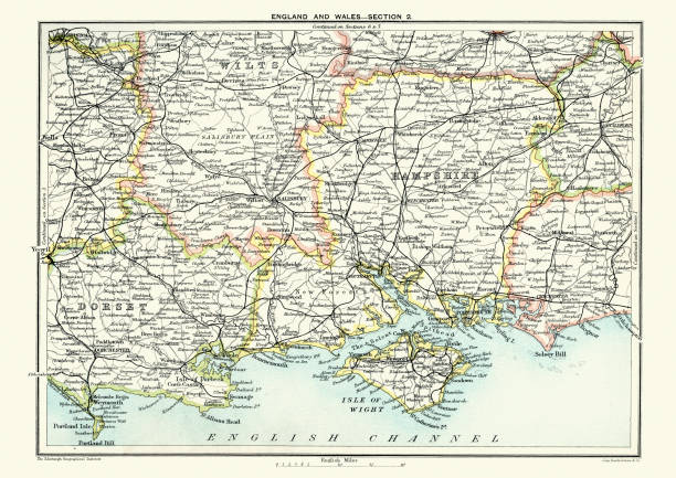 карта юго-востоке англии, гемпшир, дорсет, wiltshire 1891 - southeast england england hampshire portsmouth england stock illustrations