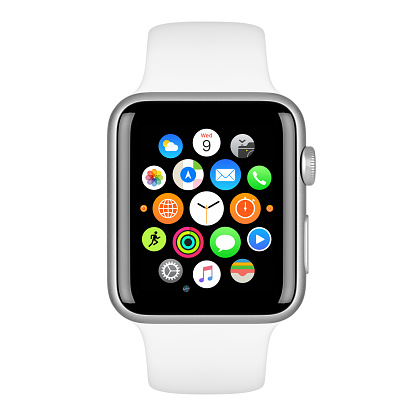 Varna, Bulgaria - October 15, 2015: Apple Watch Sport 42mm Silver Aluminum Case with White Sport Band with homescreen on the display. Front view close up studio shot. Isolated on white background.