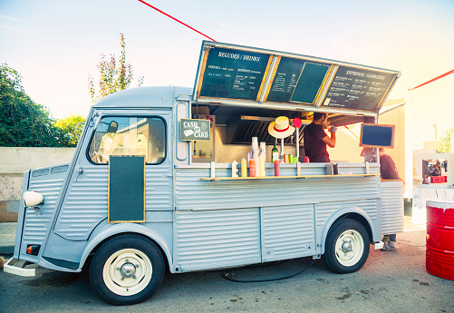 Food truck open and porked in the street