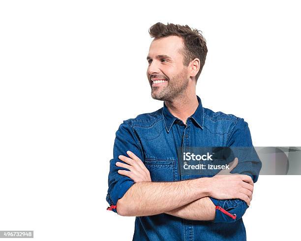 Portrait Of Happy Man Wearing Jeans Shirt Stock Photo - Download Image Now - Men, White Background, Cut Out