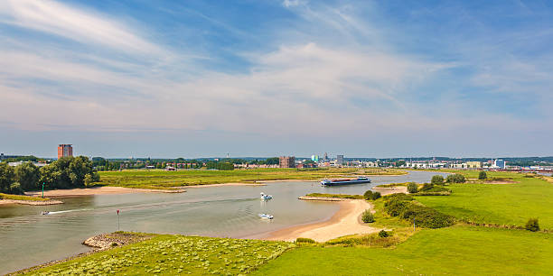 이 nederrijn 강 앞에 네덜란드어 무시레프 아른험 - polder field meadow landscape 뉴스 사진 이미지