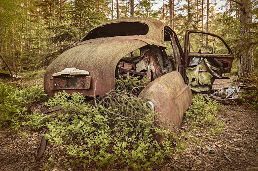Retro styled image of an old rusted and weathered scrap car in a forest