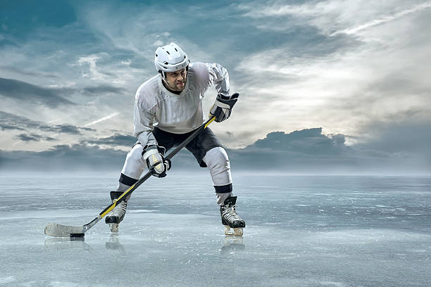 giocatore di hockey sul ghiaccio in montagne - ice skating sports venue animal winter foto e immagini stock